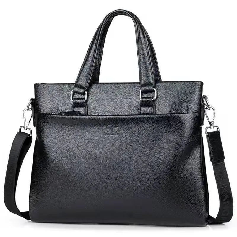 Men's black and brown PU leather business messenger bag with splicing design on a table.