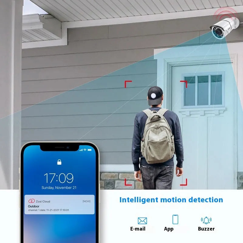 ZOSI 4-way POE security camera system with NVR and outdoor cameras for remote HD monitoring.
