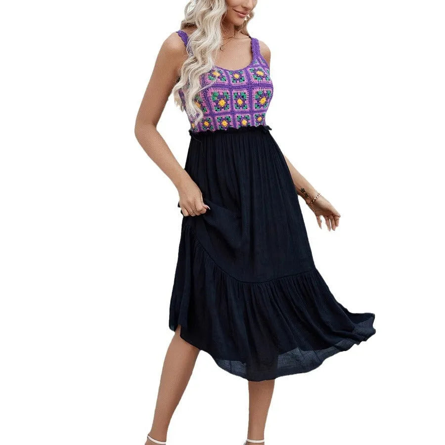 Purple sleeveless dress with detailed hand-hooked floral embroidery patterns on cotton blend fabric