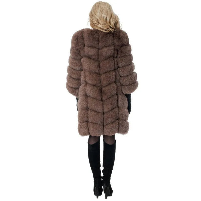 Women's thick artificial fur coat in apricot colour with regular sleeves