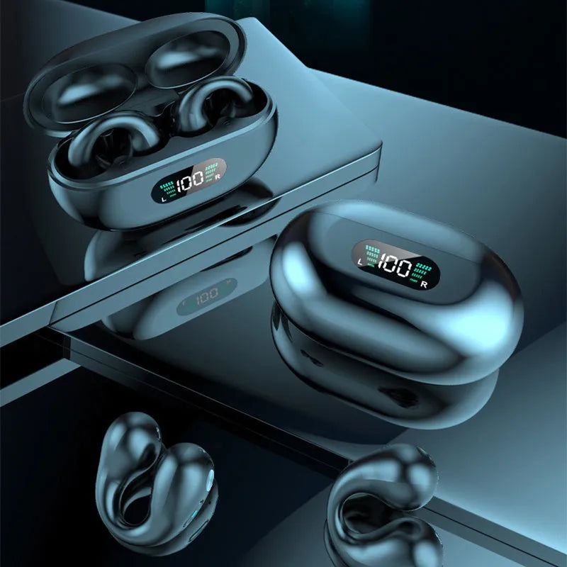 Bone conduction Bluetooth headset with ear clip design in black, white, or khaki colour.
