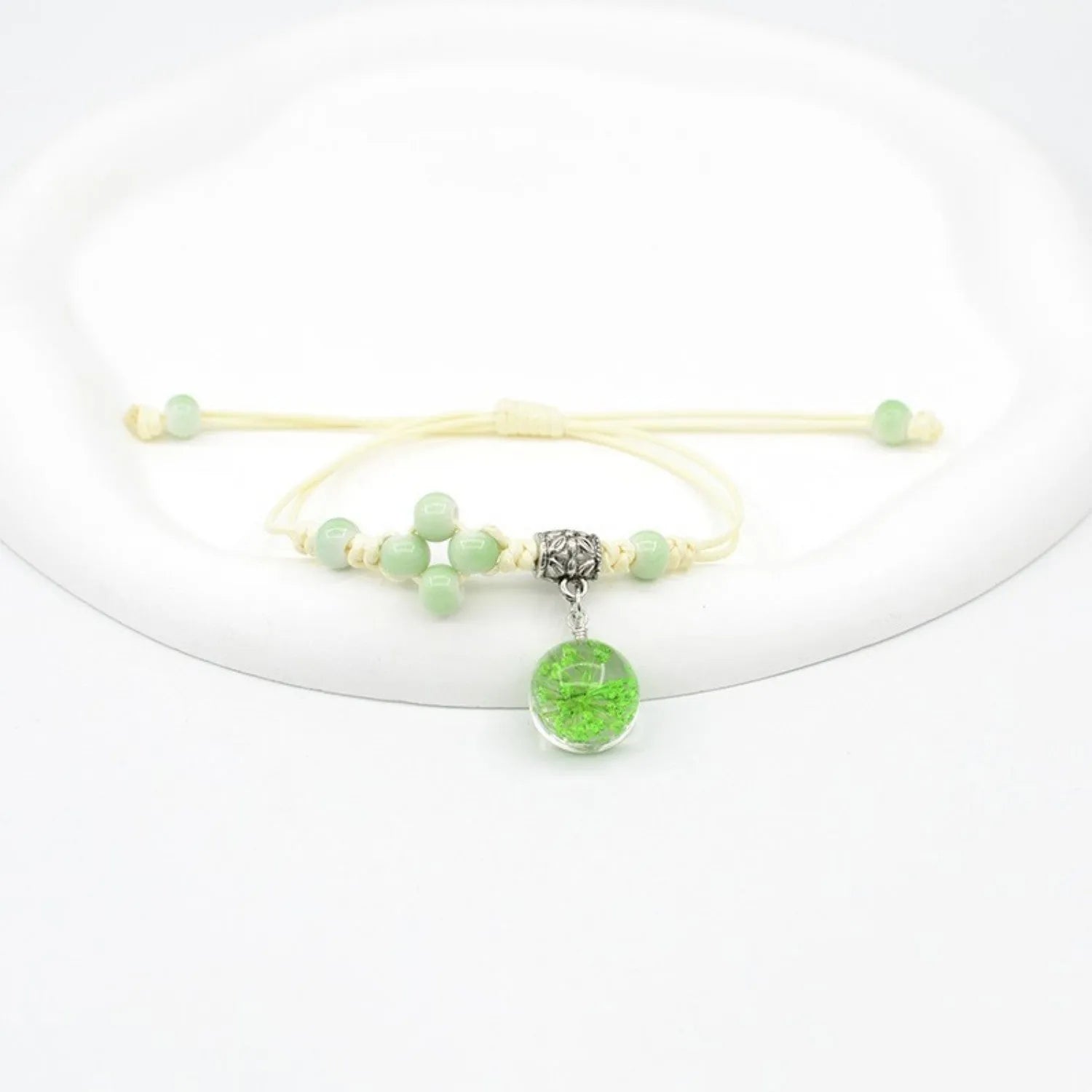 Hand-woven glass bracelet with real dried flowers inside large 1.4cm colored beads for women