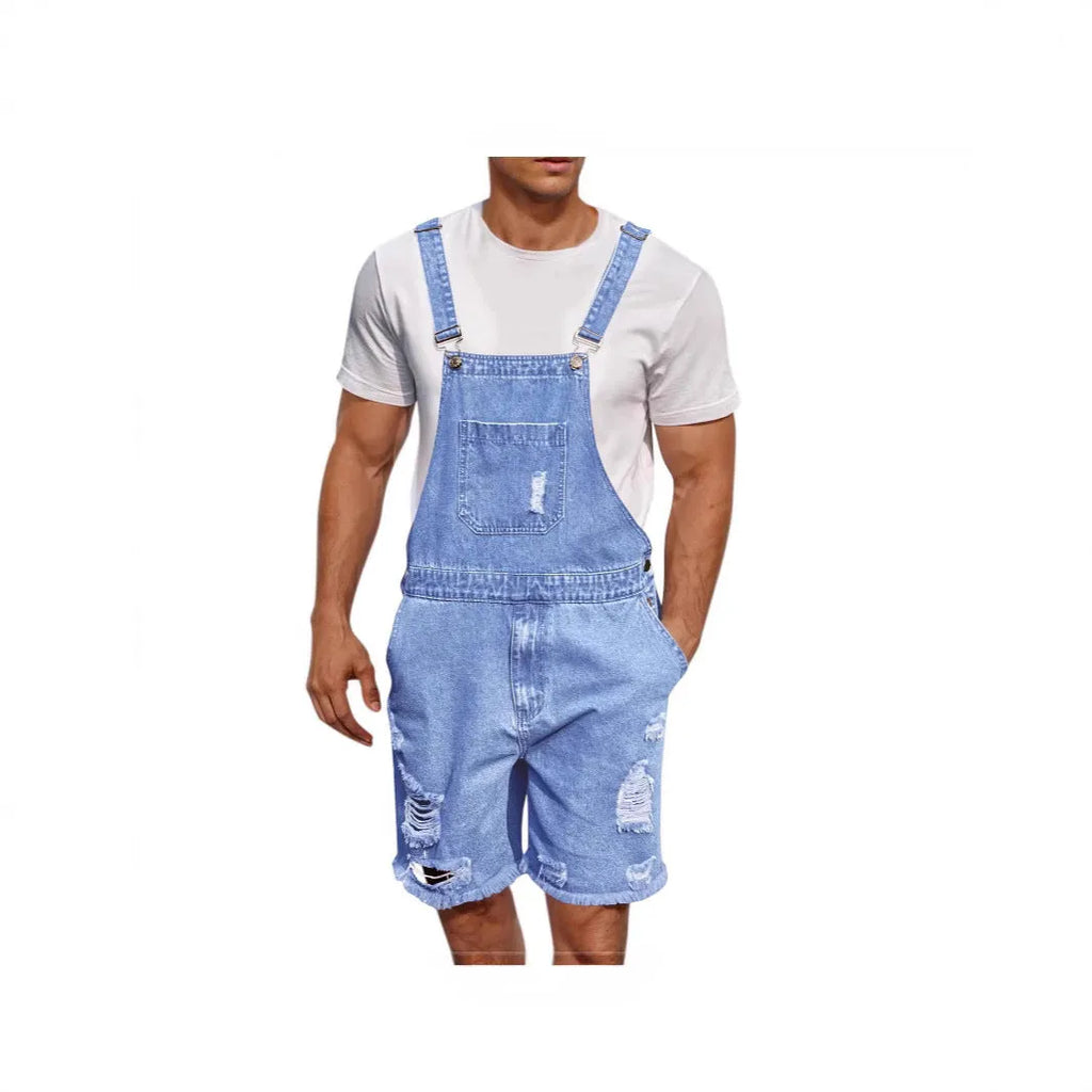 Men's ripped denim shorts with suspenders in straight-leg style, available in three colours