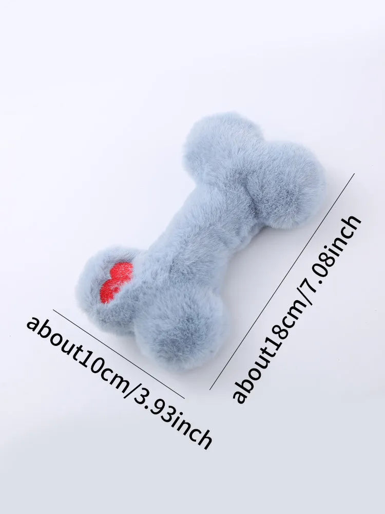 Cute love bone shaped plush dog toy with vocal squeaker in blue, pink, or yellow colours
