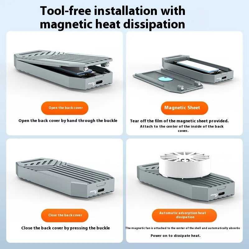 Aluminium Thunderbolt 4 external M.2 SSD enclosure in grey and silver finishes on a colour box.
