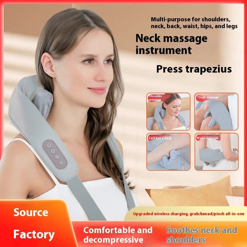 Grey USB rechargeable neck and back massage instrument on a grey background