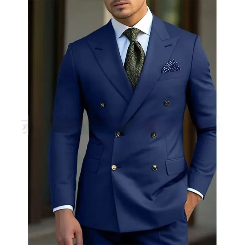 Men's light business style two-piece suit in chemical fibre and cotton blend fabric