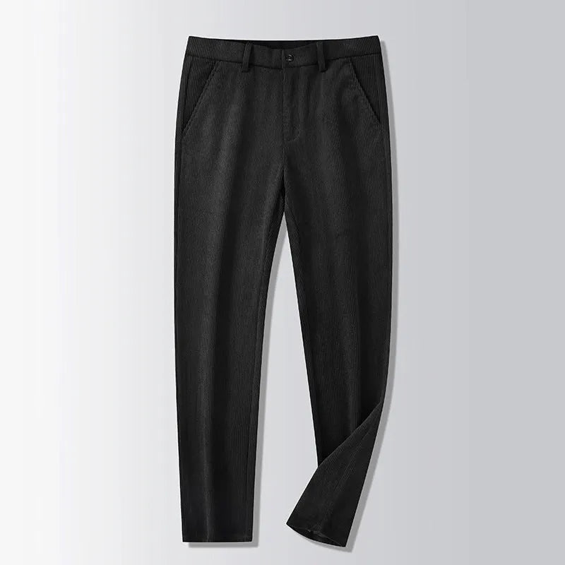Men's straight-leg striped trousers in khaki colour shown laid flat, featuring a zip fly and no belt loops.