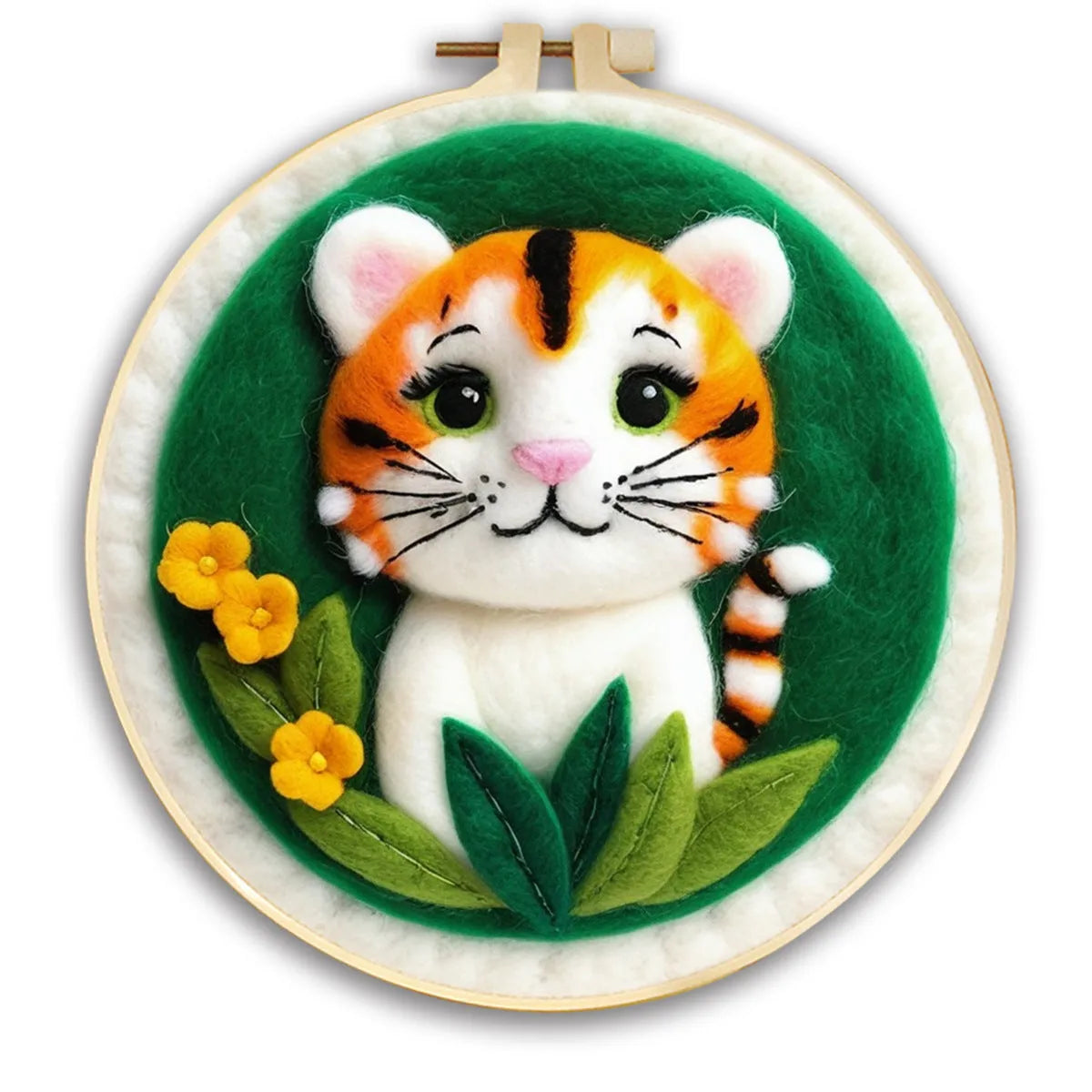 Round linen embroidery kit with wool felt pieces for 3D flowers and leaves, includes a free frame.