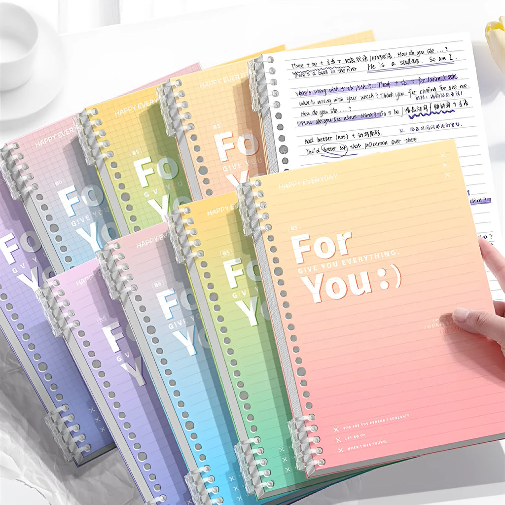 Gradient coloured removable coil notebook with PP cover in green, blue, pink, or purple options