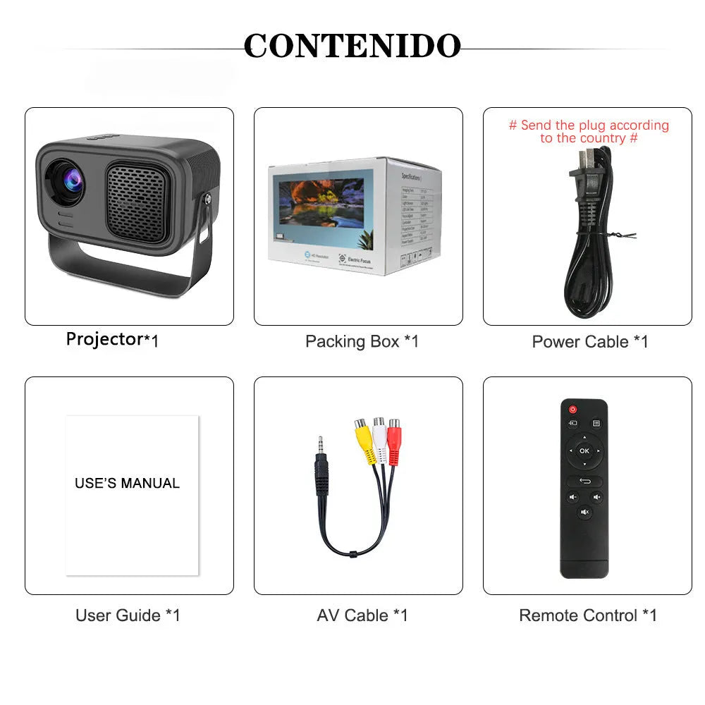 Black HD smart portable projector with remote control on white background