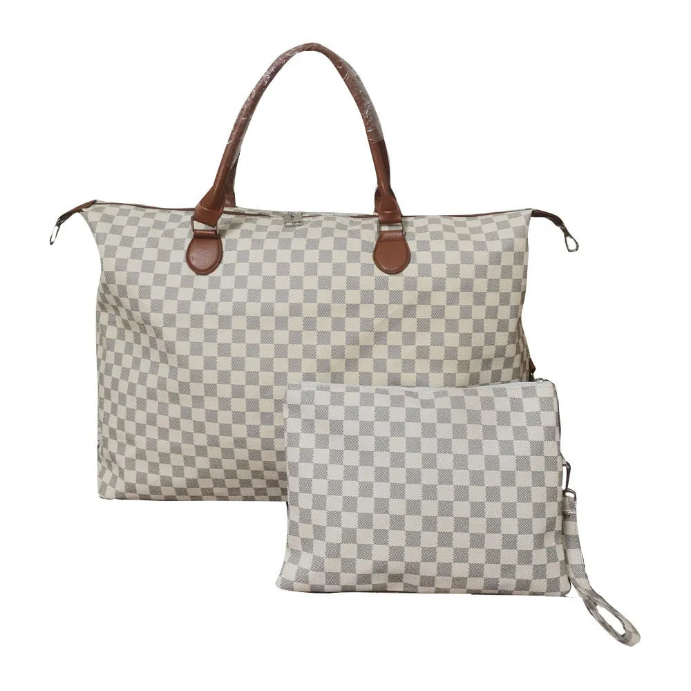 Women's fashion travel bag large capacity 22 inch PU leather plaid holdall in blue with small bag