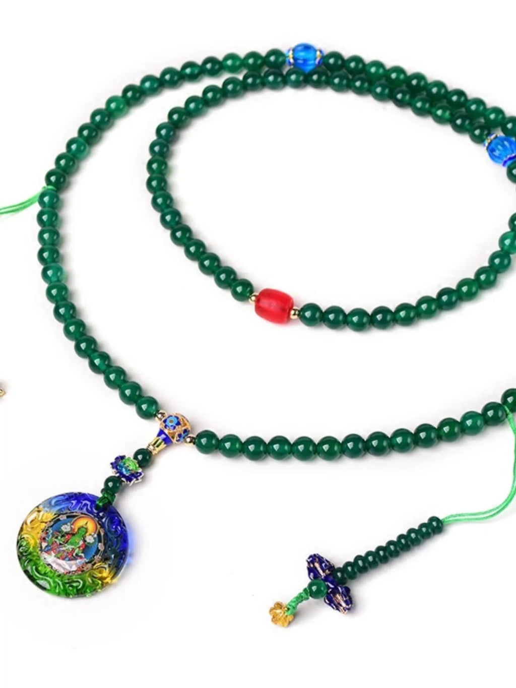 Natural green agate Buddhist bracelet with Thangka pendant and 108 beads for meditation