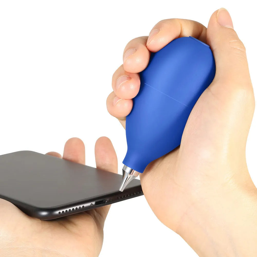 Blue and black rubber handheld dust removal ball for cleaning camera lenses and electronics.