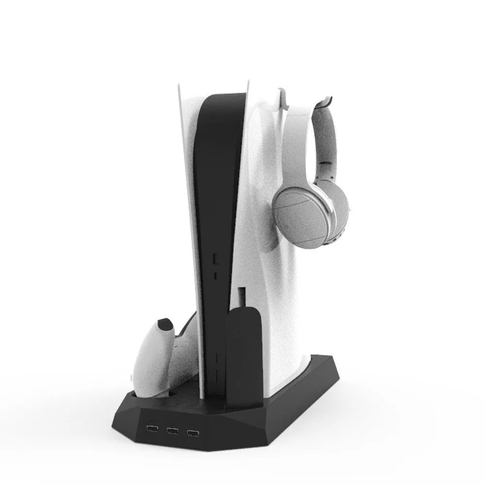 White PS5 charging base radiator with controller and headset storage compartments