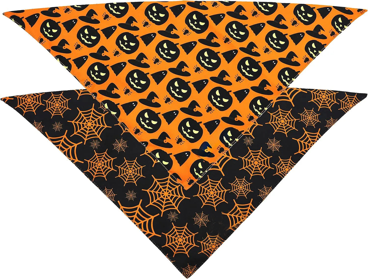Reversible Halloween dog bandana showing pumpkin pattern on orange side and spider web design on black side