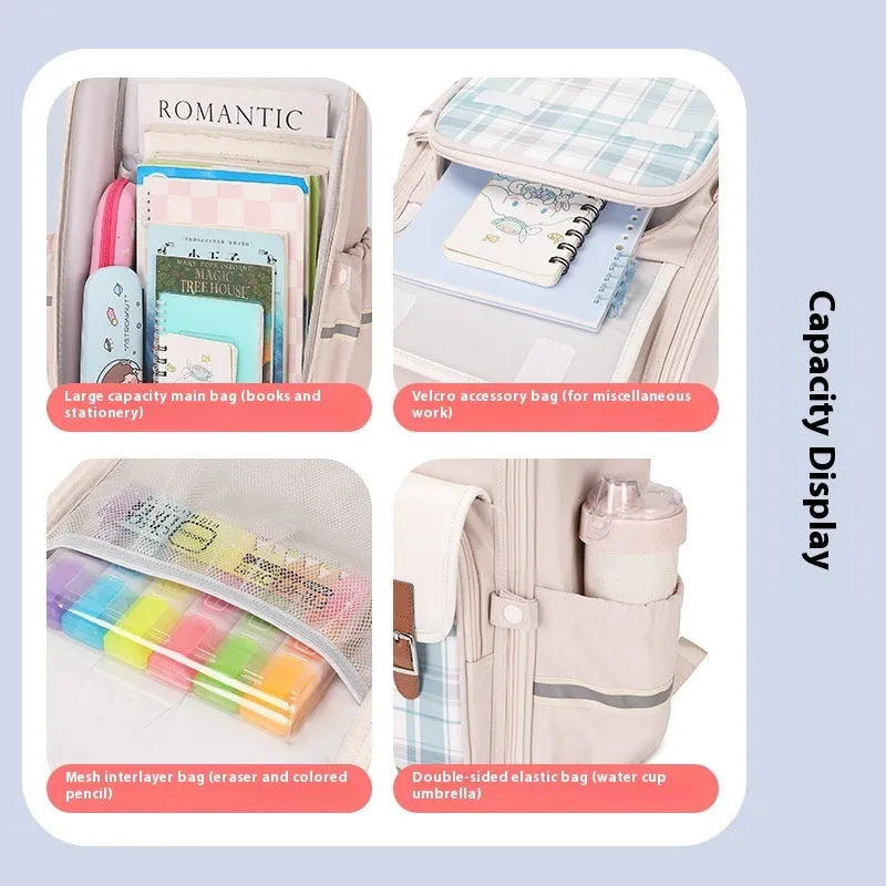 Oxford cloth school backpack for grades 5-6 students in beige colour.