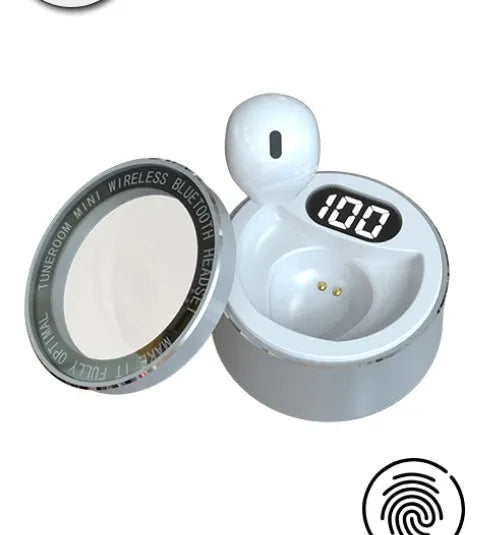 Invisible 9mm skin tone Bluetooth touch earphone shown next to white and pink colour options.