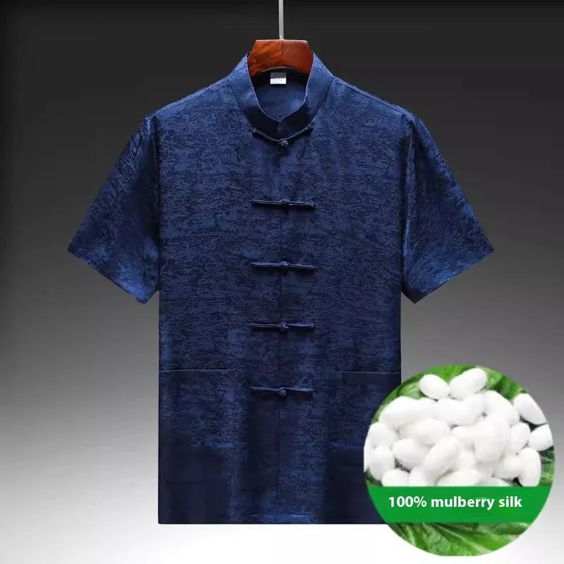Men's Chinese Tang suit in mulberry silk showing traditional styling