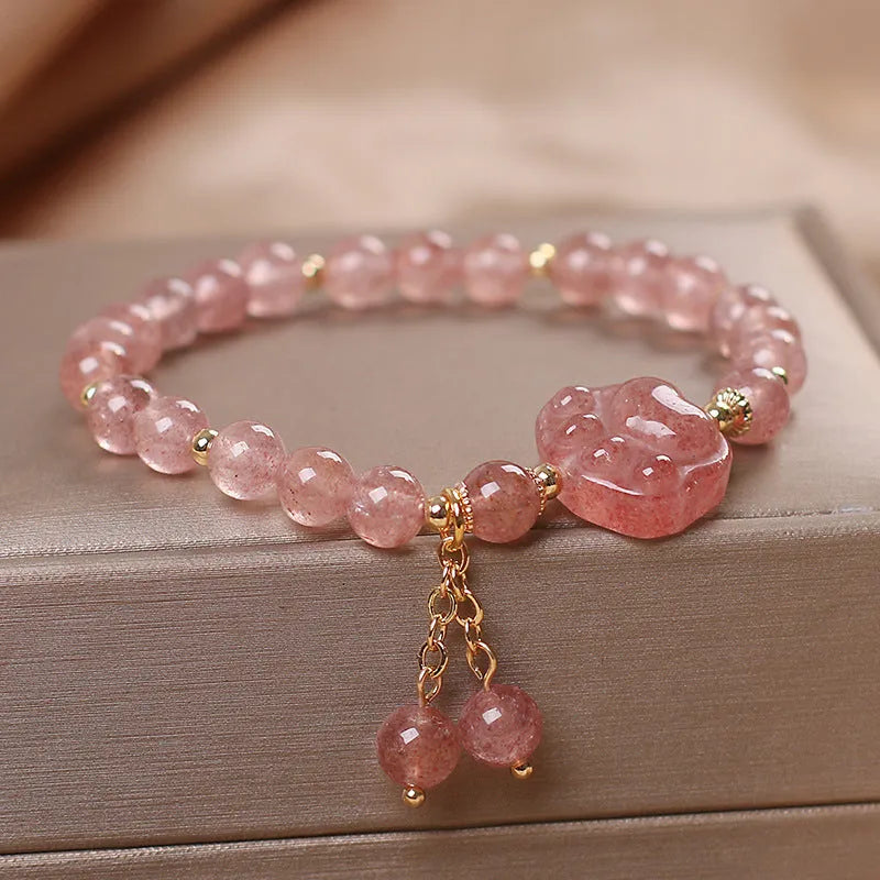 Red cat's eye flowers pattern double layer crystal bracelet with lucky cat charm