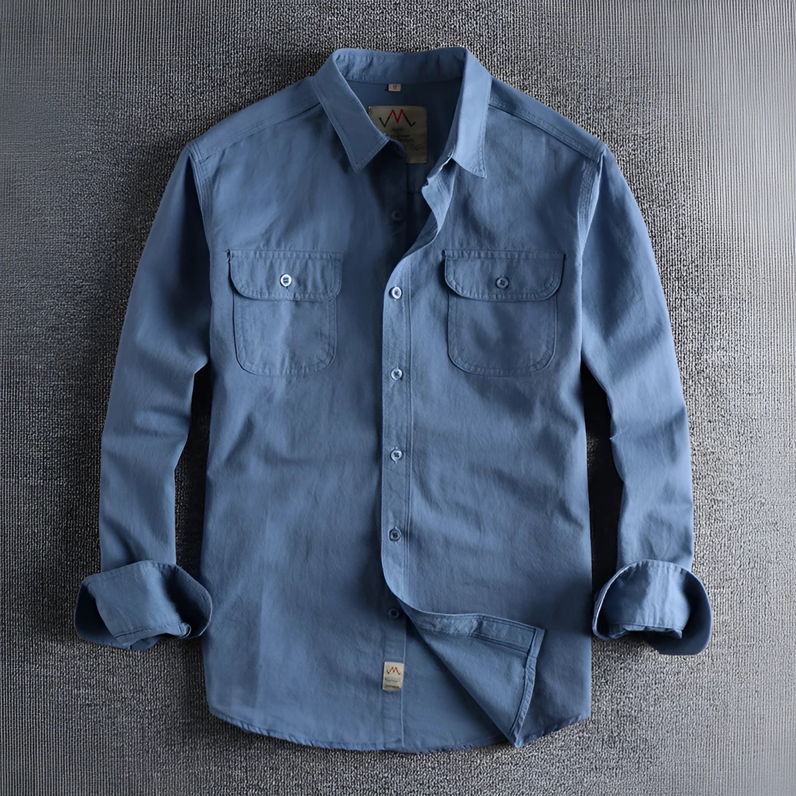 Men's solid colour long sleeve cotton shirt in cardigan style, shown in light blue.
