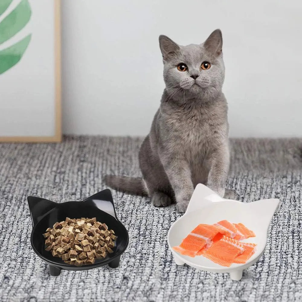 Shallow black cat bowl with non-slip rubber base for whisker relief feeding