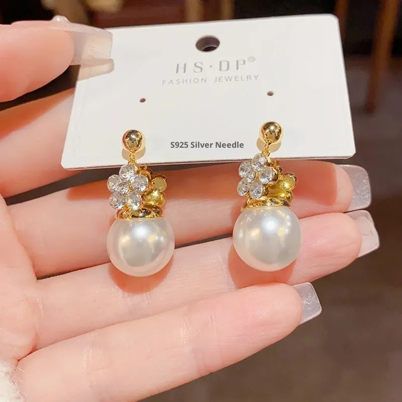 Double-sided flower pearl earrings real gold plated copper Korean style women