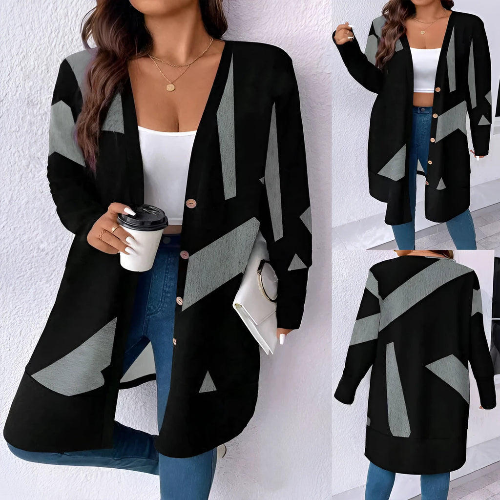 Black plus size casual cardigan with button detailing and stitching print in loose Japanese Korean style