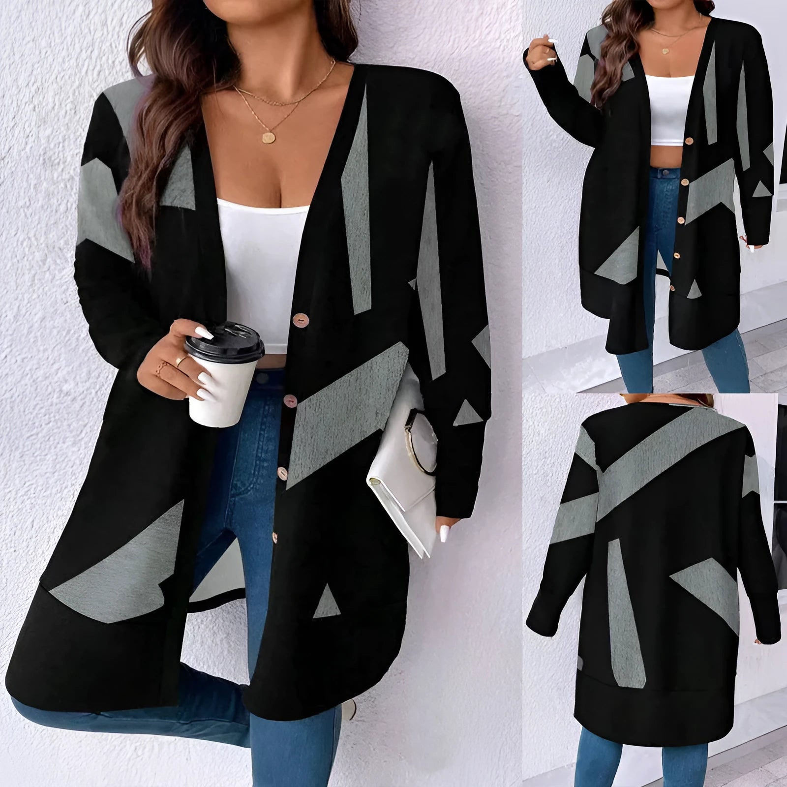 Black plus size casual cardigan with button detailing and stitching print in loose Japanese Korean style