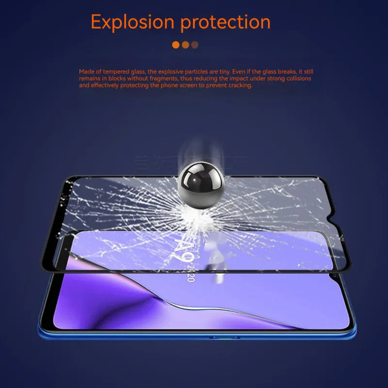 OPPO A9 2020 full screen tempered glass protector with black colour options and anti-fingerprint coating
