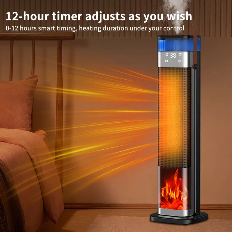 Tall, vertical intelligent heater with voice control and humidification function.