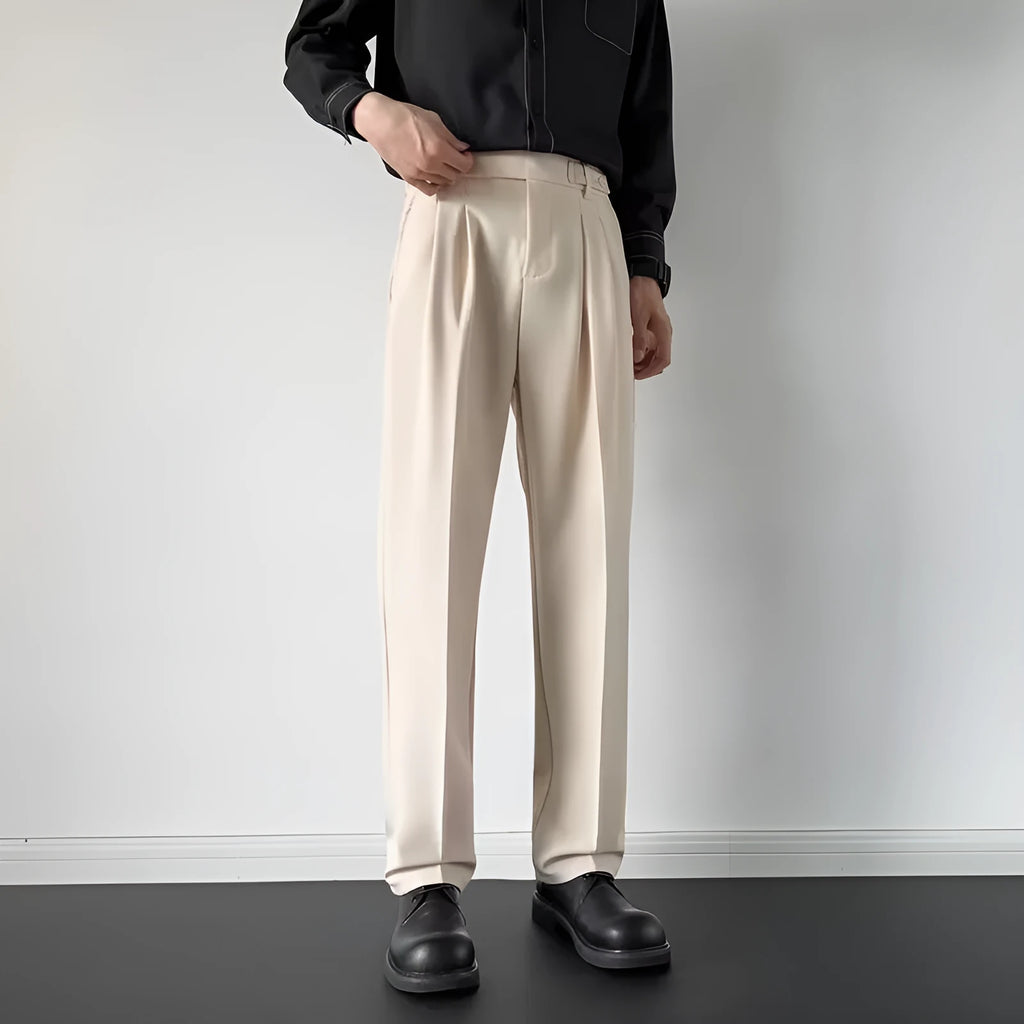 Men's straight-leg suit trousers in apricot and black colours with loose fit design