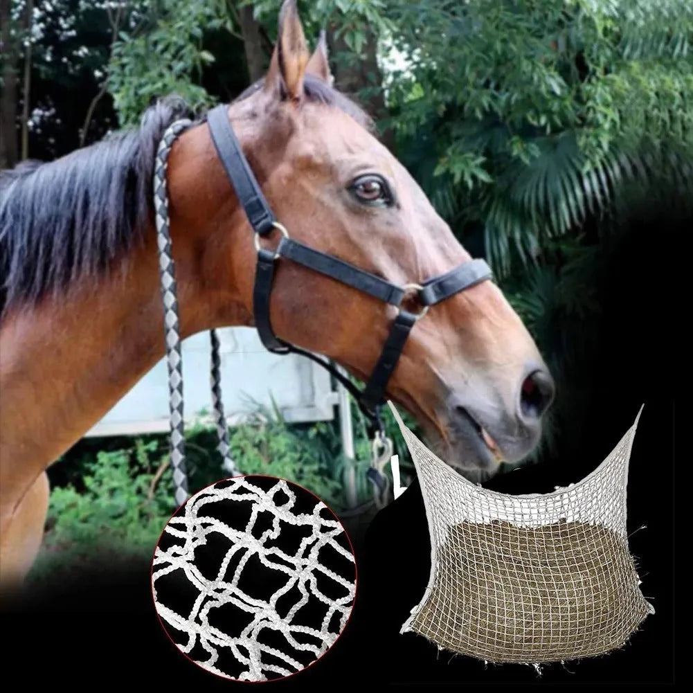 Woven black and white PE rope horse hanging feeding bag in various sizes for cattle and sheep.