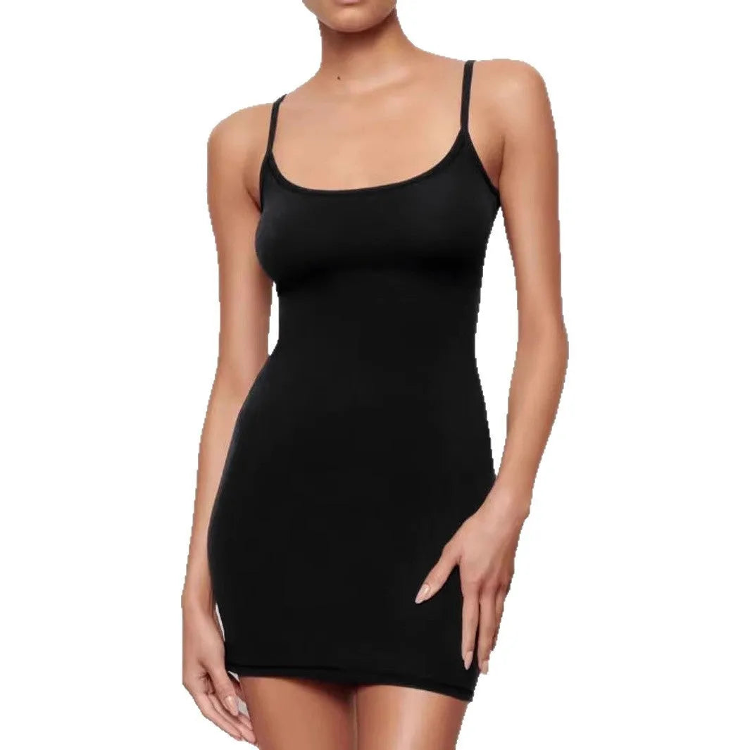 Black skinny sheath dress with sleeveless sling style and short length