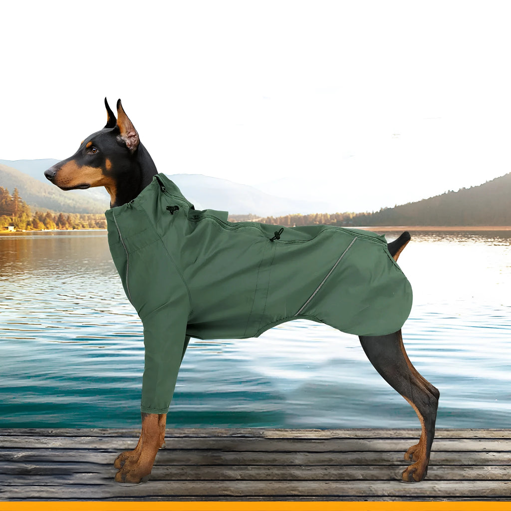 Dog clothing raincoat in military green with reflective strips and traction hole for leash