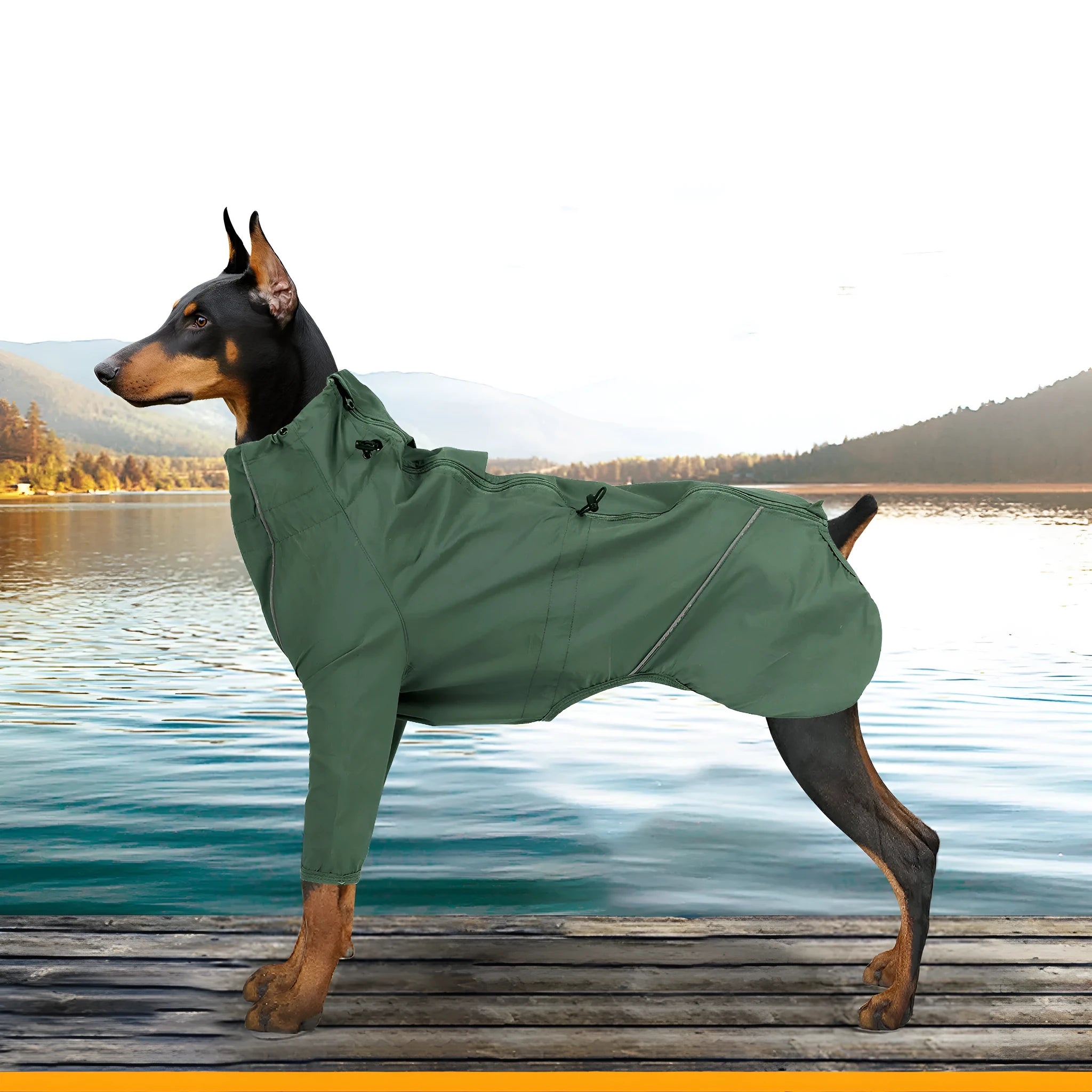 Dog clothing raincoat in military green with reflective strips and traction hole for leash