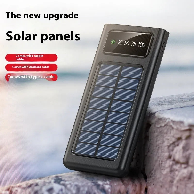 Solar power bank with integrated cables showing black plastic shell and solar panel