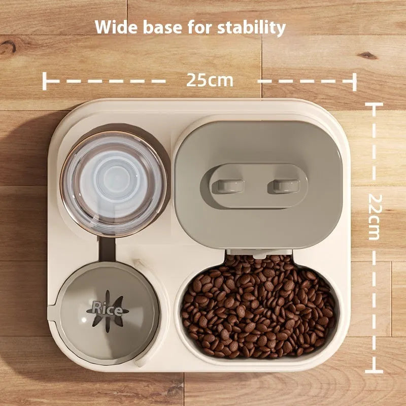 Automatic pet feeder with water dispenser in grey, second generation slide cover, plastic construction for dogs and cats