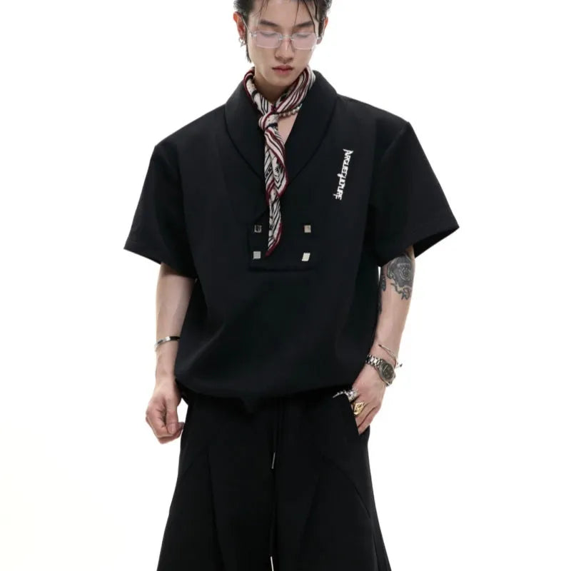 Men's cotton sports suit with V-neck jacket, padded shoulders, metal embellishments and matching shorts