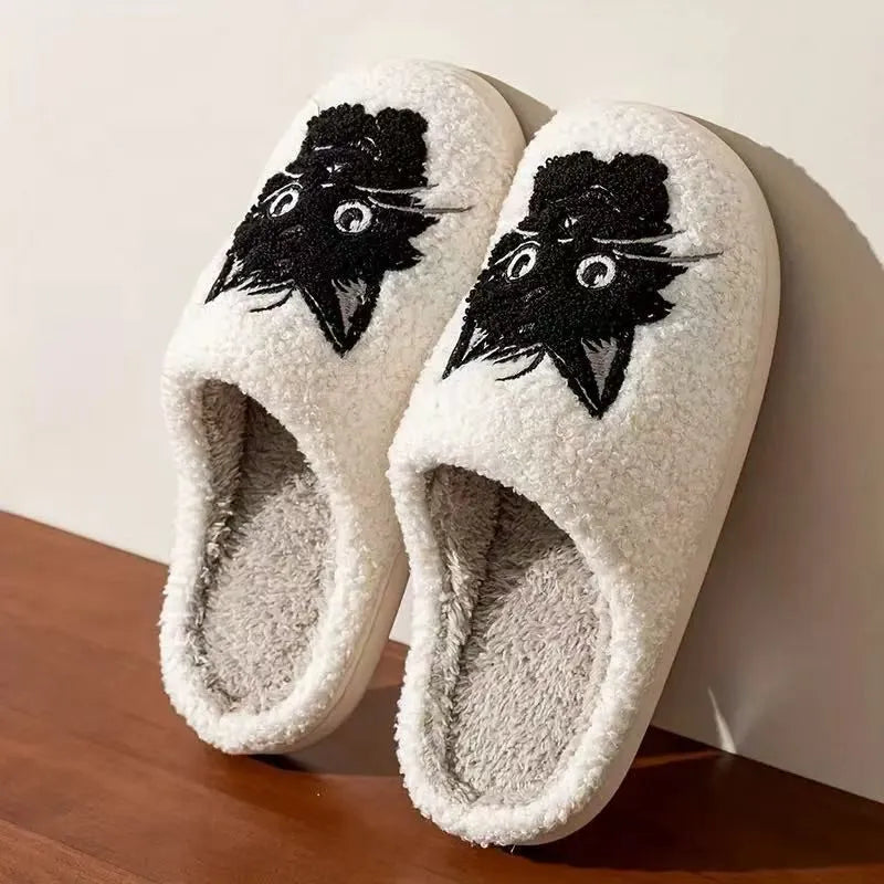 White plush cotton couple slippers with black cat cartoon design and non-slip TPR soles