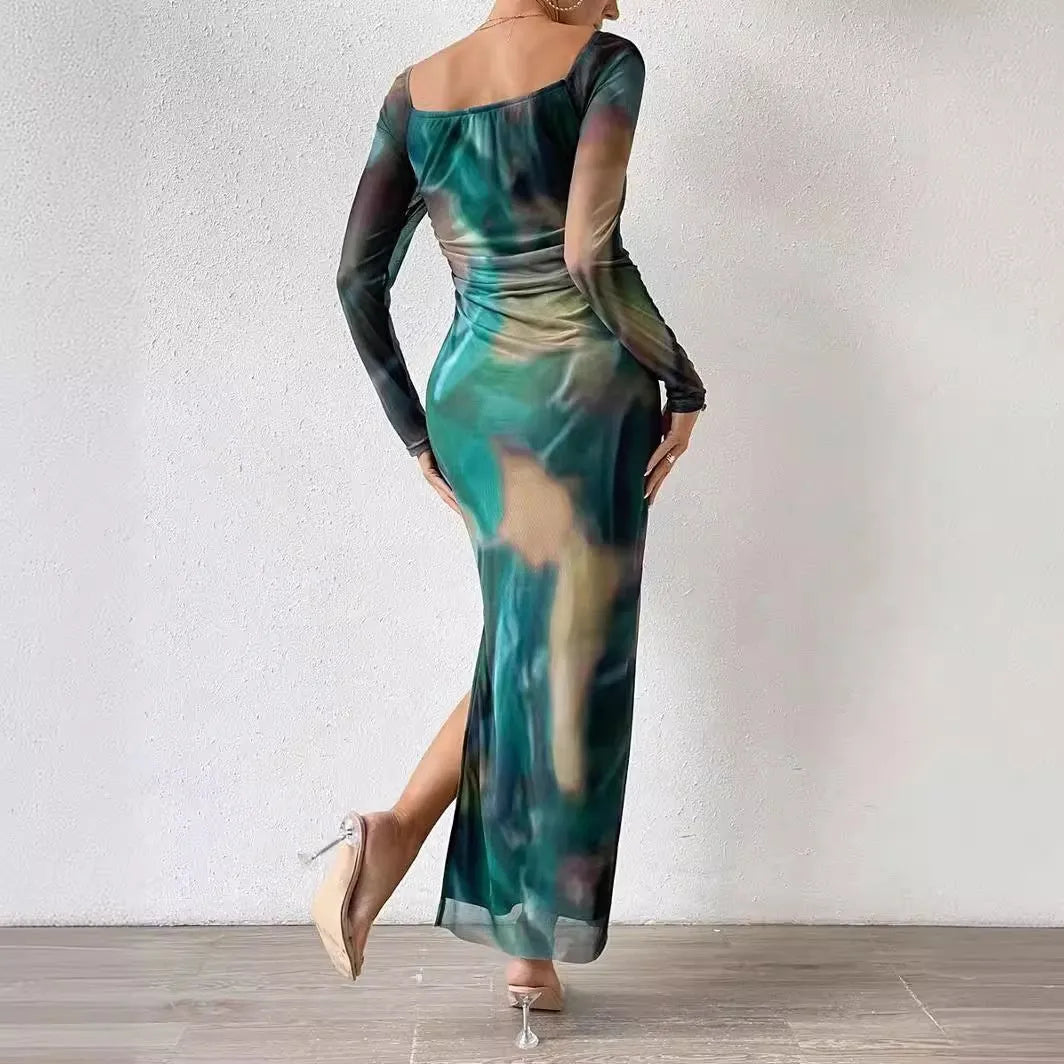 Women's pleated mesh fishtail dress with gradient colour print and a square collar.