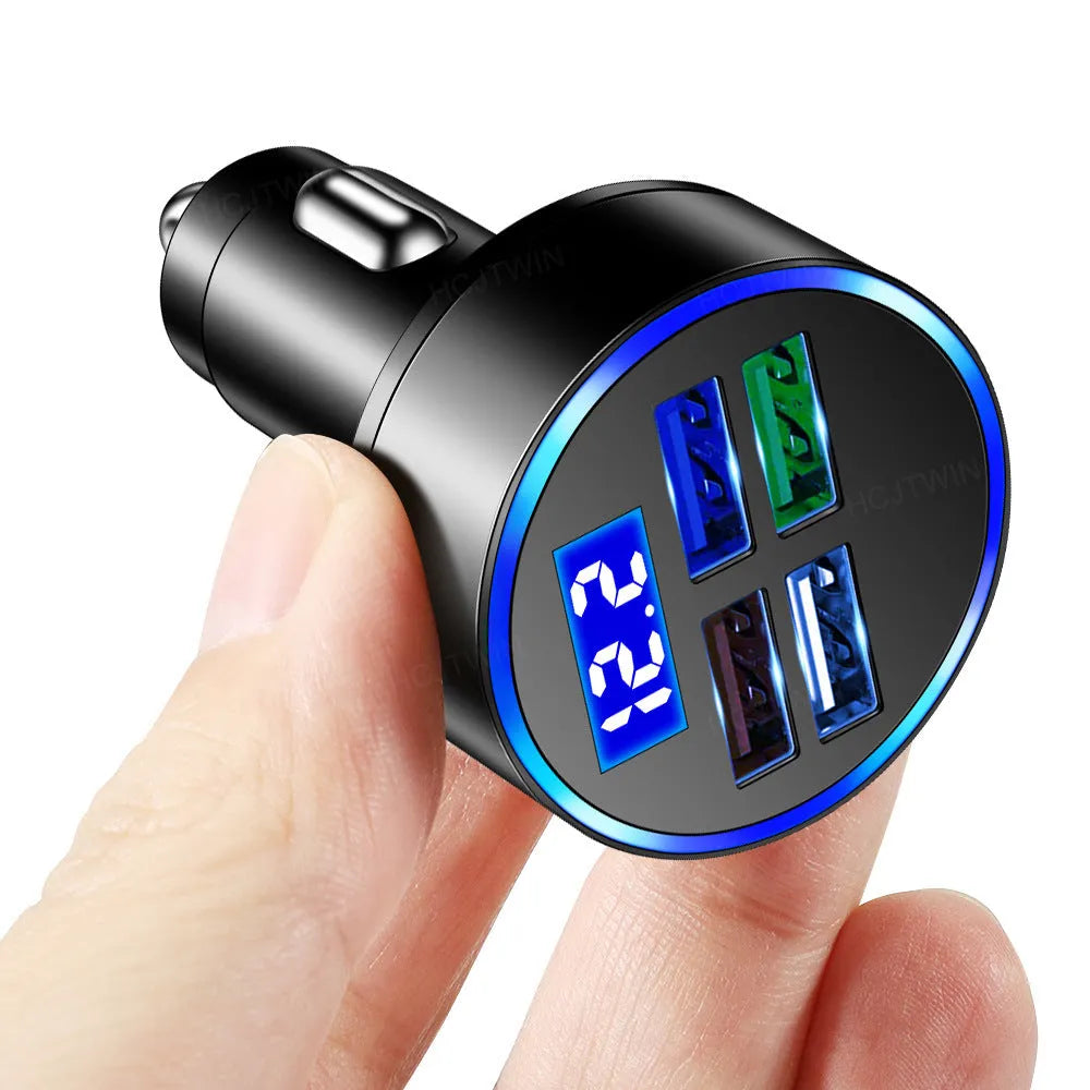Black multi-port car USB charger with four ports and cigarette lighter plug for vehicle power outlet