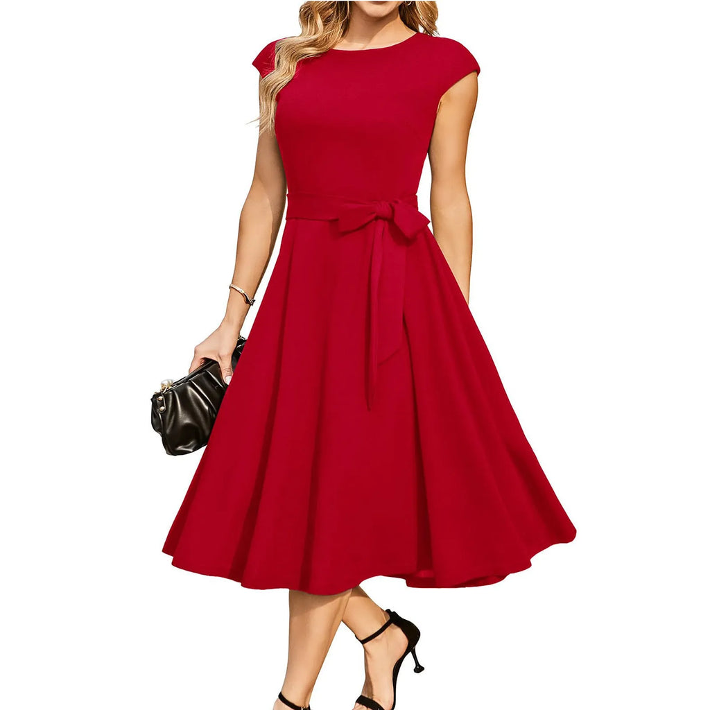 Black sleeveless party dress with lace-up waist and oversized swing skirt mid-length design