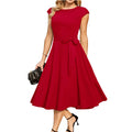 Black sleeveless party dress with lace-up waist and oversized swing skirt mid-length design