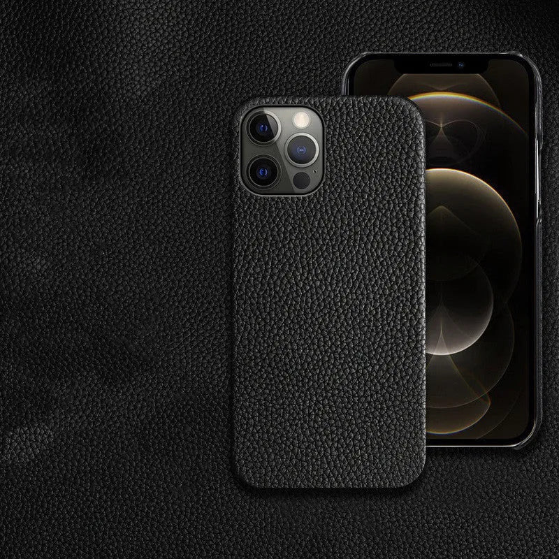 Genuine leather protective case for iPhone in multiple colours, showing simple design and half-break style.