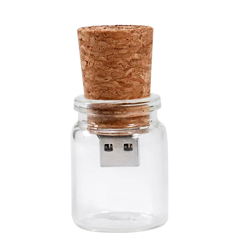 Personalised wooden drift bottle shaped USB flash drive with chocolate brown finish