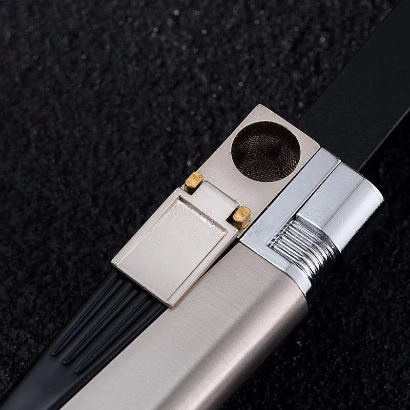 Silver foldable metal pipe lighter shown open, revealing the lighter mechanism and a small stash compartment.