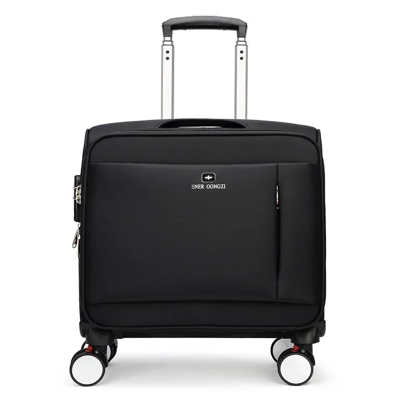 Black 18-inch Oxford cloth carry-on suitcase with wheels and pull handle for business travel.