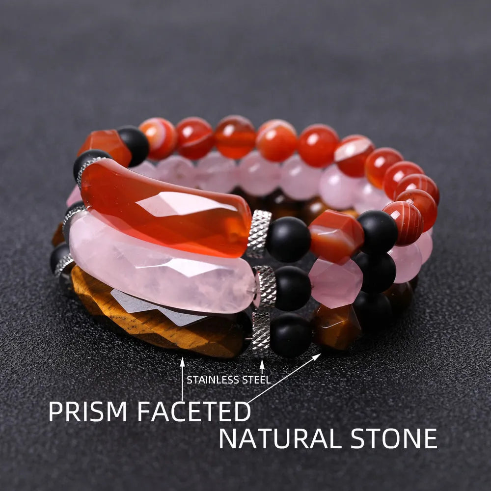 Handmade diamond-shaped cut agate bracelet in a geometric, fan-shaped design on a wrist.