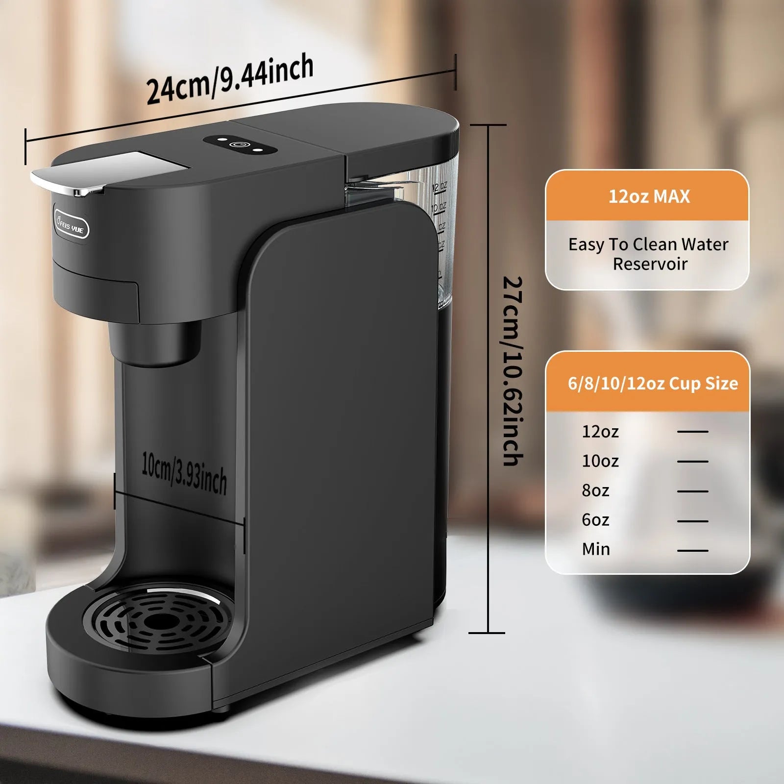 Small black capsule coffee machine with transparent water tank and adjustable stainless steel drip tray